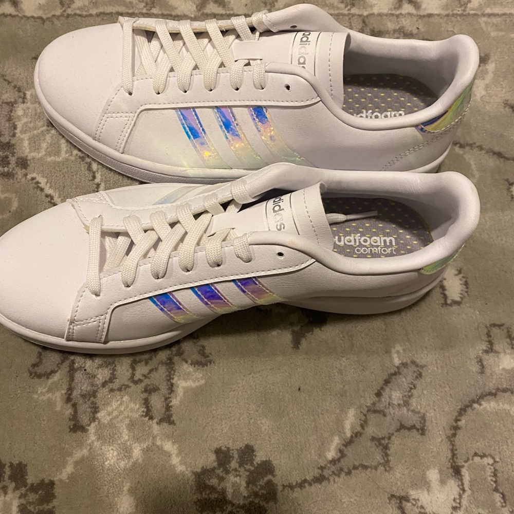 Adidas White Sneakers with Holographic Stripes